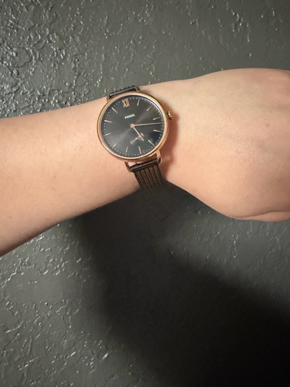 Fossil Rose Gold Case Black Dial Brown Mesh Strap Watch